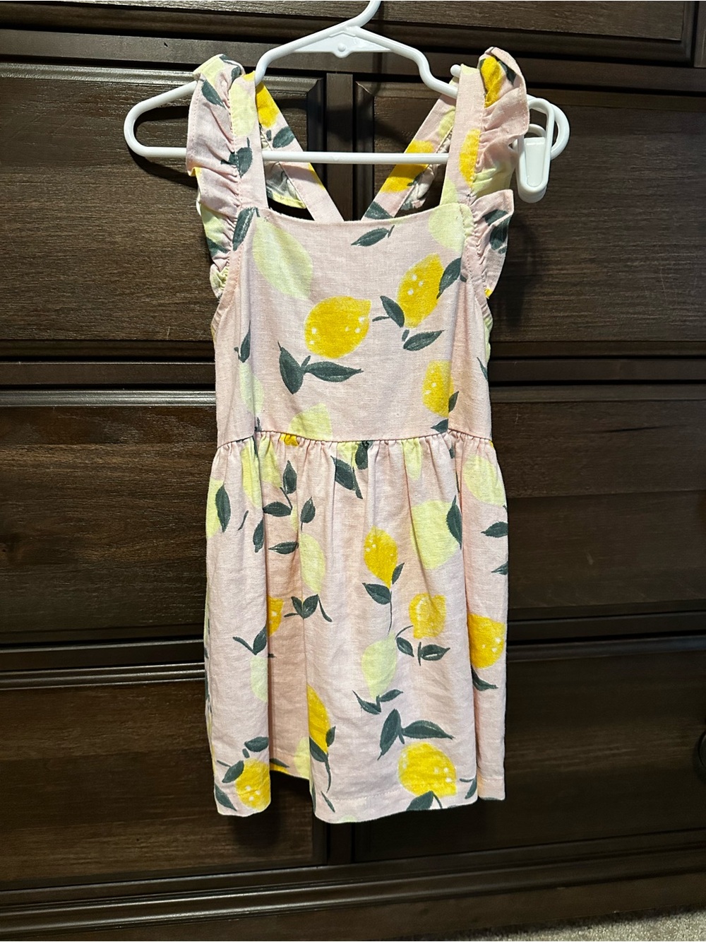 Girls Pink Lemon Print Ruffle Strap Dress